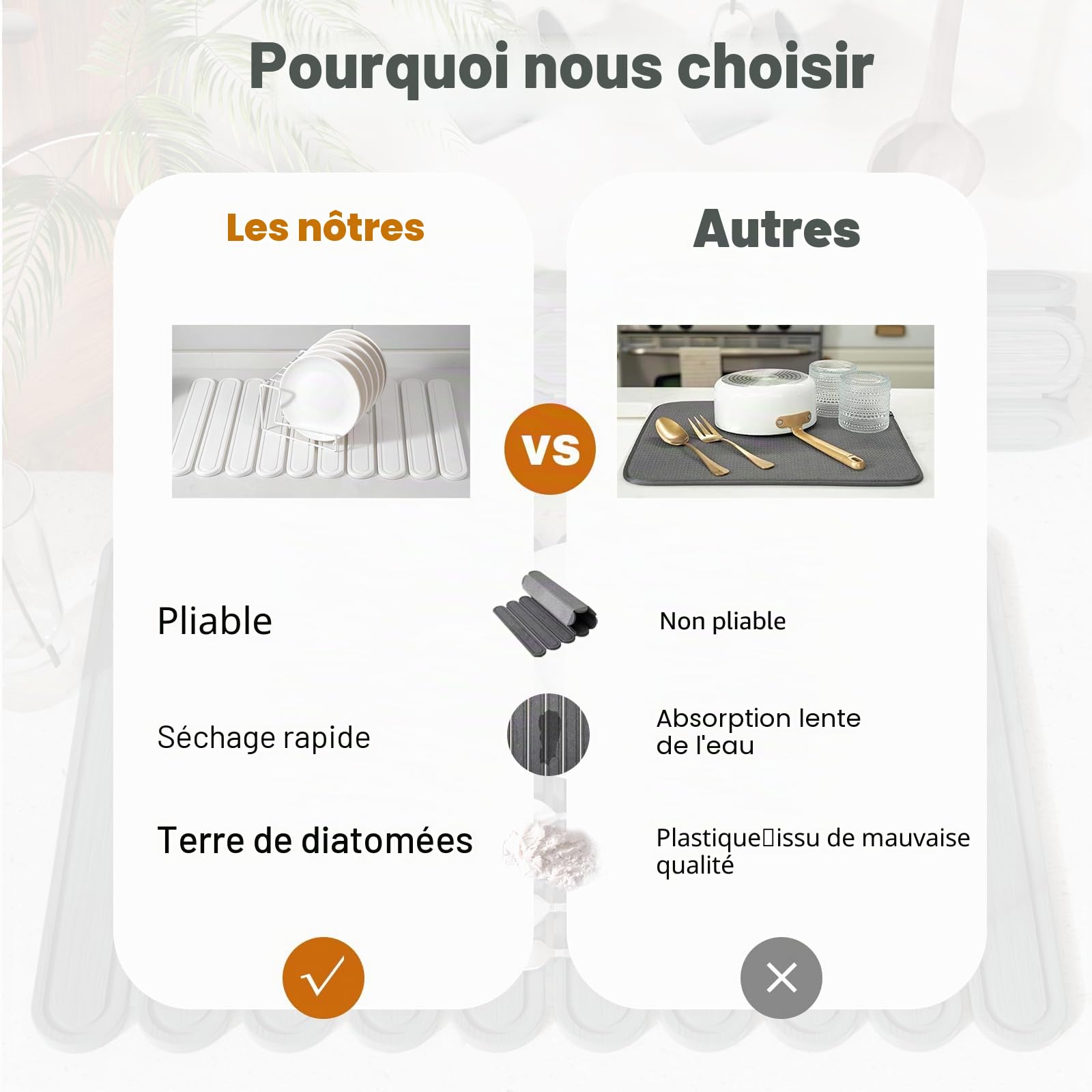Tapis de séchage pour comptoir de cuisine, tapis de cuisine en pierre à séchage rapide pour vaisselle, bouteilles, tasses, grand tapis de séchage pliable en terre de diatomée