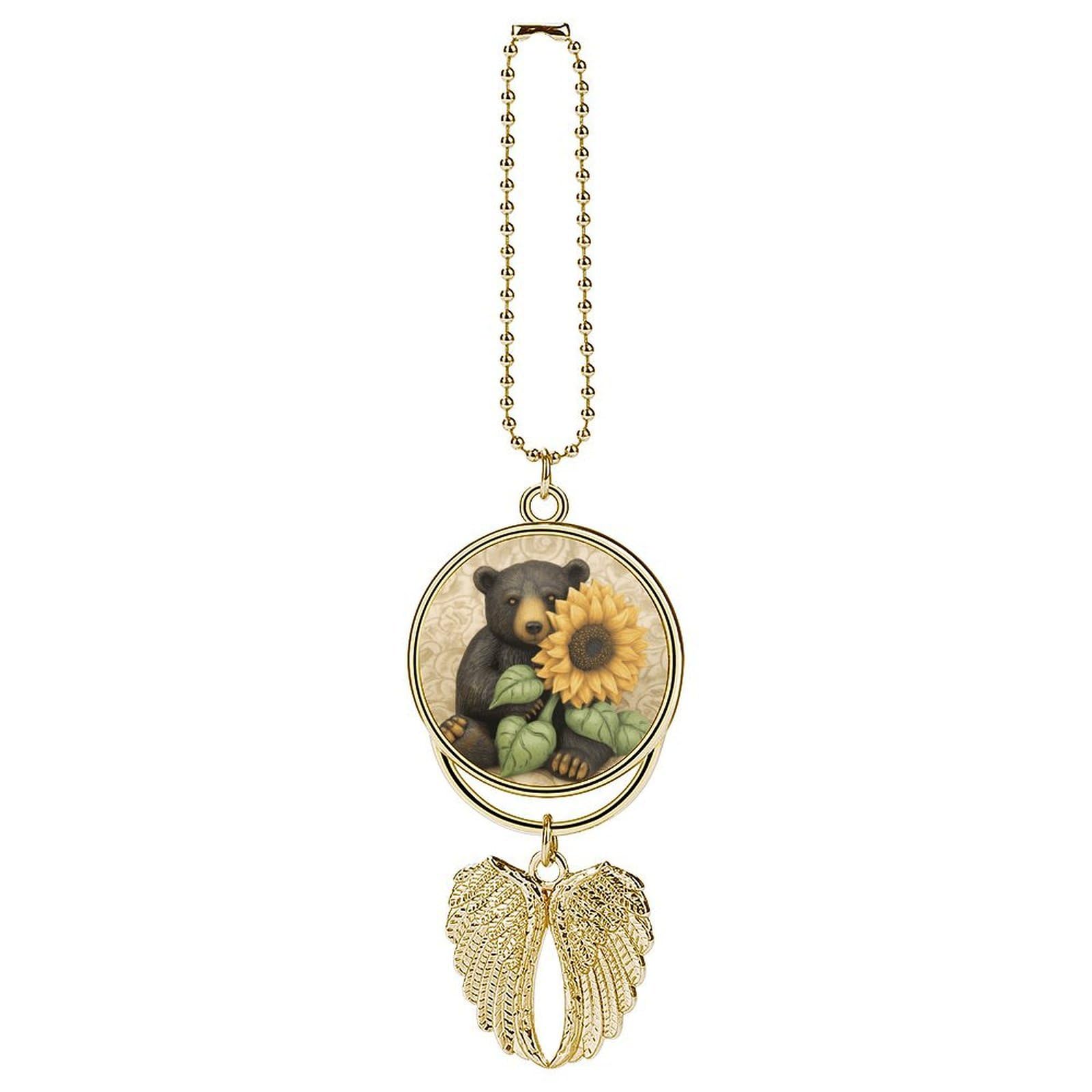 Sunflower and Bear Car Charm, Alloy Rear View Mirror Pendant, Bling Funny Car Hanging Ornament Gift for Women Men, Car Pendant Lucky Auto Interior Decoration Accessories Golden-Style
