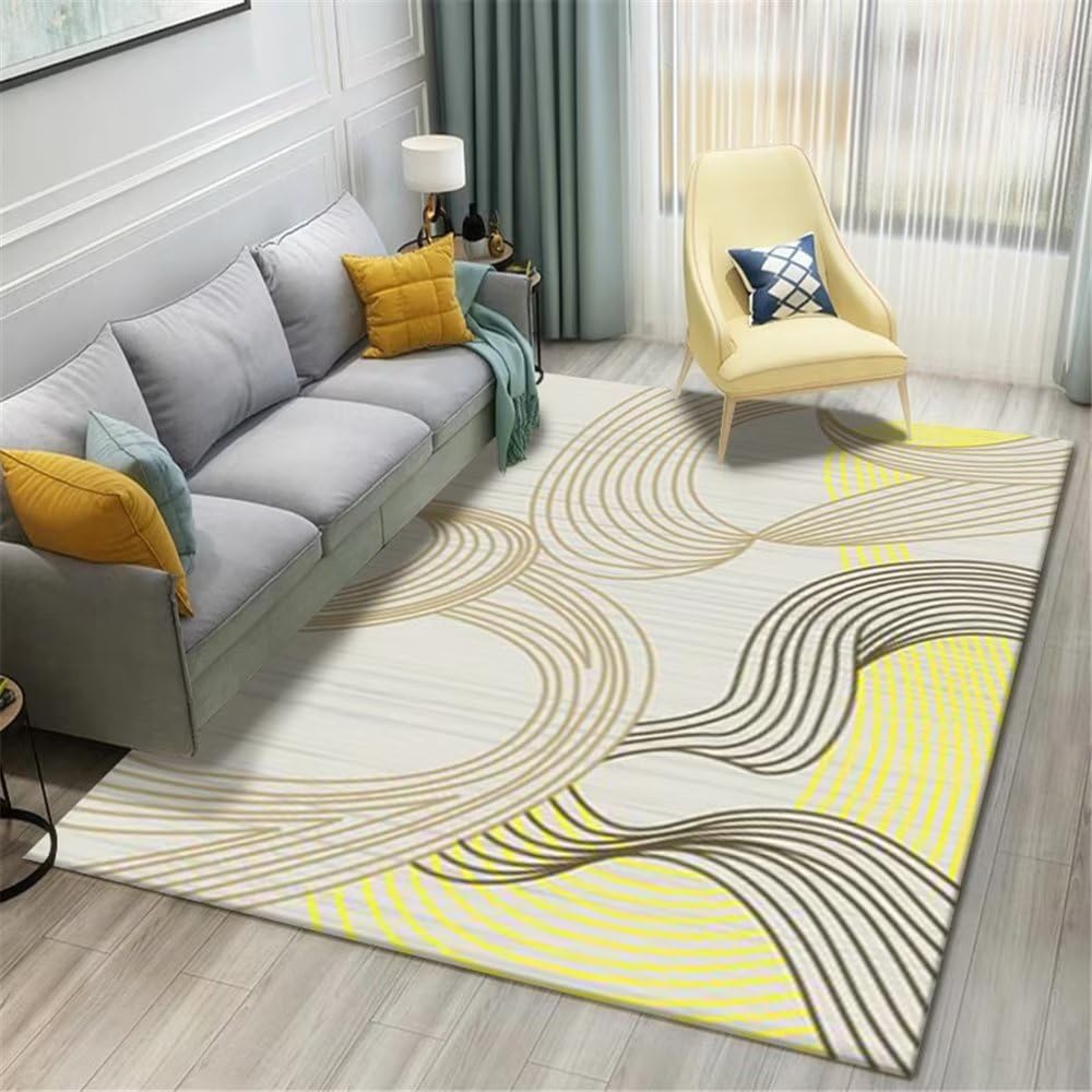 Tapis de salon lavable et jaune à rayures pour dynamiser la décoration d'une chambre ado