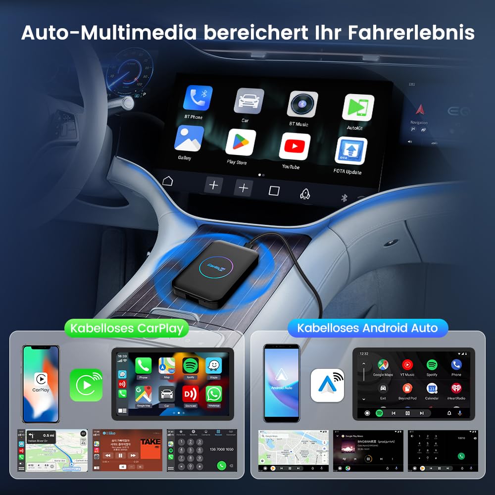 CarlinKit Neue AIBOX-Lite Multimedia-Box, 3 in 1 System Android unabhängiges System/Wireless CarPlay/Wireless Android Auto, geeignet für Fahrzeuge mit kabelgebundenem CarPlay/Android Auto