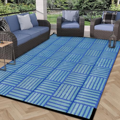 Image of Outdoor Reversible Rugs, Plastic Straw Area Mats, Modern Large Floor Rugs for RV, Patio, Backyard, Deck, Picnic, Beach, Trailer, Camping (Cadetblue, 5'x8')