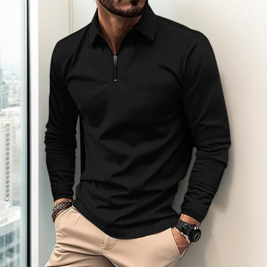 Men's Quarter Zip Polo Shirts Long Sleeve Pullover Collared Lightweight Casual Slim Fit Golf Polo Fashion Shirt