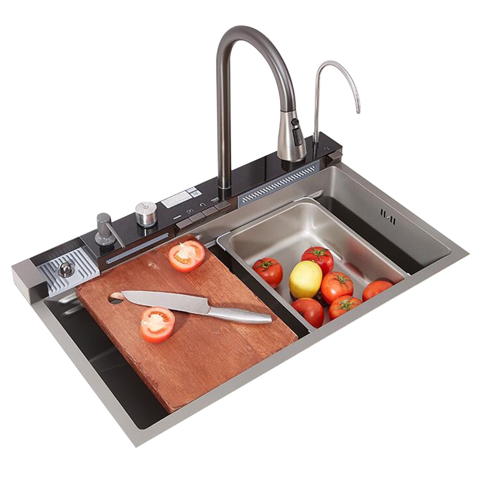 LMYSXAOZ Single Bowl Countertop Vegetable Sink Gray Stainless Steel Kitchen 75 * 45cm Large Commercial Apartment Dishwashing Water Temperature Display