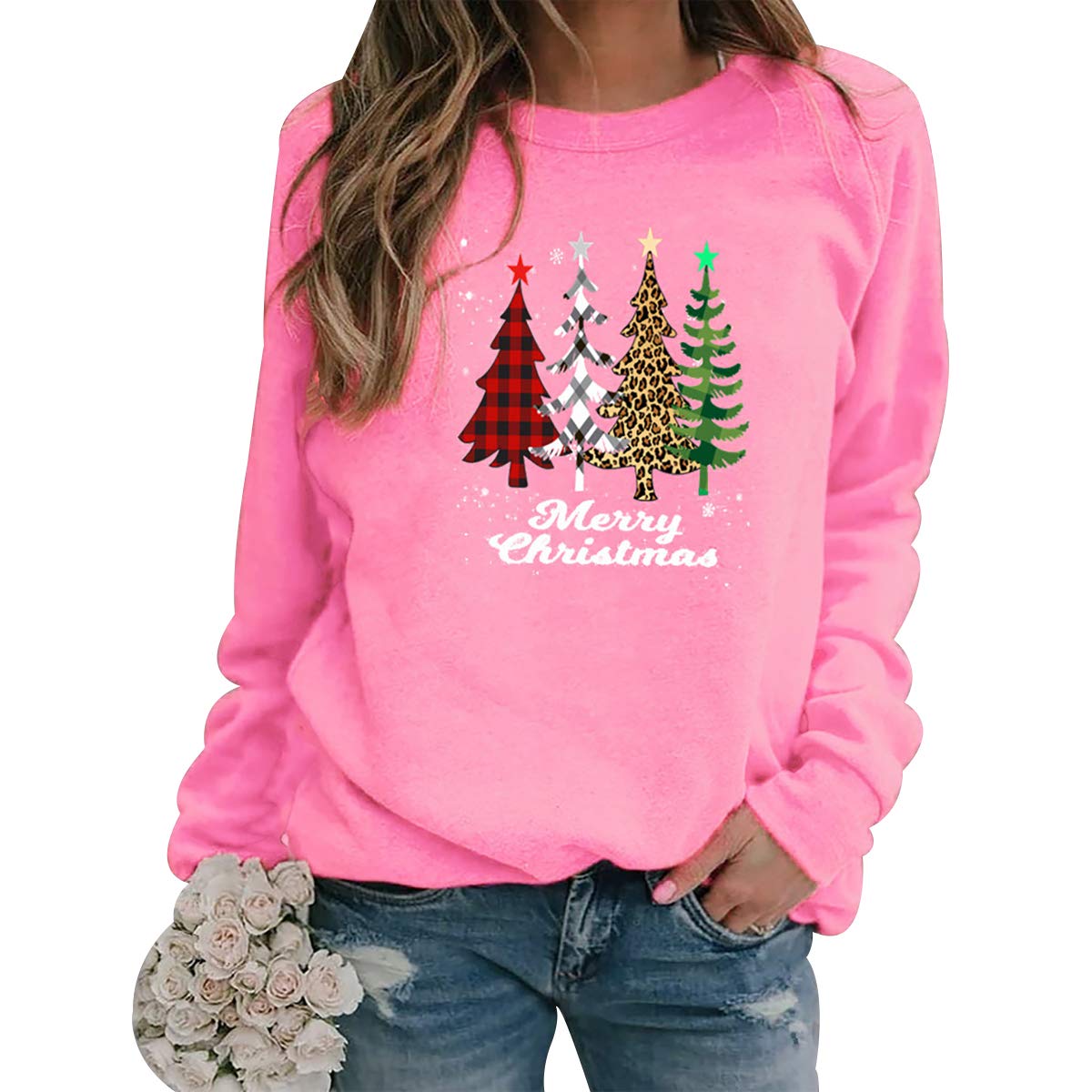 Peuignao Women's Pink Christmas Tree Xmas Jumpers - Funny & Ugly Sweatshirts - L
