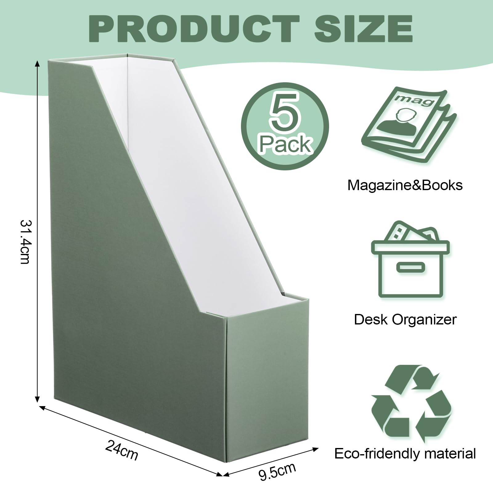 AmazingSpark 5 Pack Magazine File Holder Office Desk Storage Holder Set Vertical Desk Cardboard Organizer for Office Home Classroom Organize Your File Magazines Paperwork Books or Binders(Sage Green)