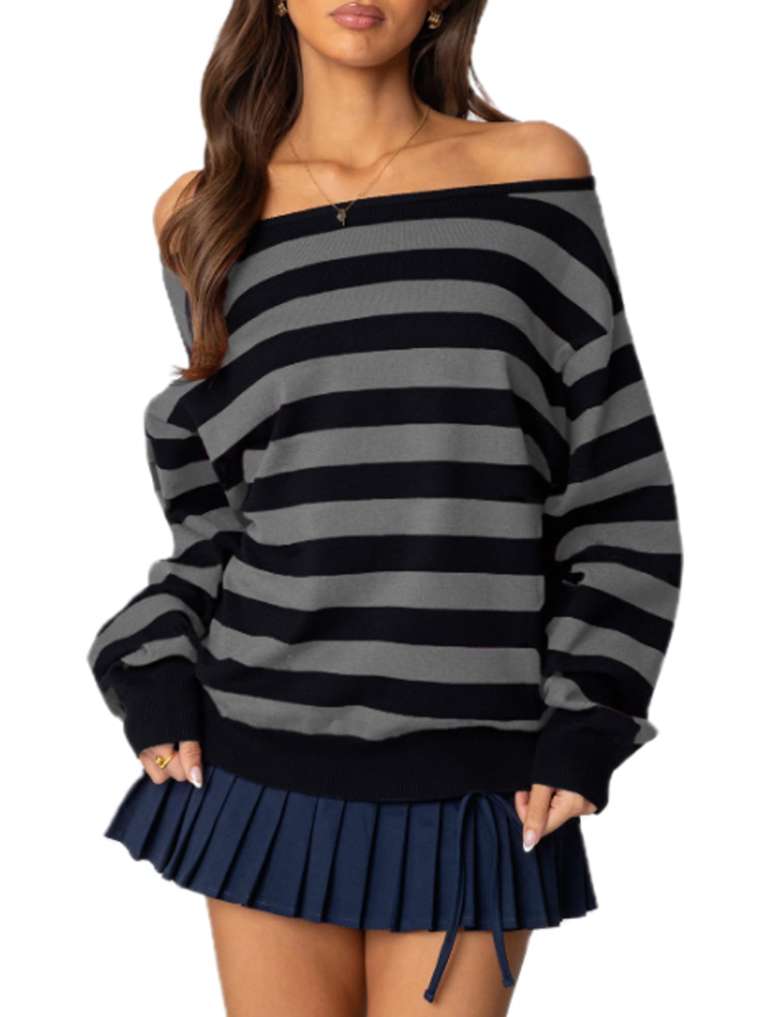 Women Y2K Off Shoulder Knit Sweater Long Sleeve Oversized Striped Knit Pullover Harajuku Preppy E-Girl Jumper Tops