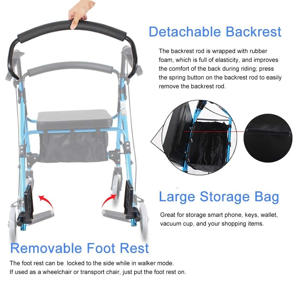 Andador con ruedas plegable azul 2 en 1 para personas mayores, silla de ruedas portátil resistente con ruedas grandes, asiento, freno y respaldo, andador plegable para compartir