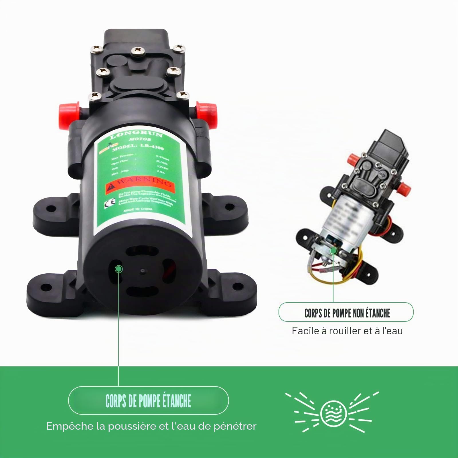 LONGRUN Pompe a Eau 12V DC Camping Car, 65PSI 3L/Min Pompe à Eau à Membrane Auto-amorçante Haute Pression, Pompe a Eau pour RV Caravan Boat Nettoyage Jardin Lavage Arrosage