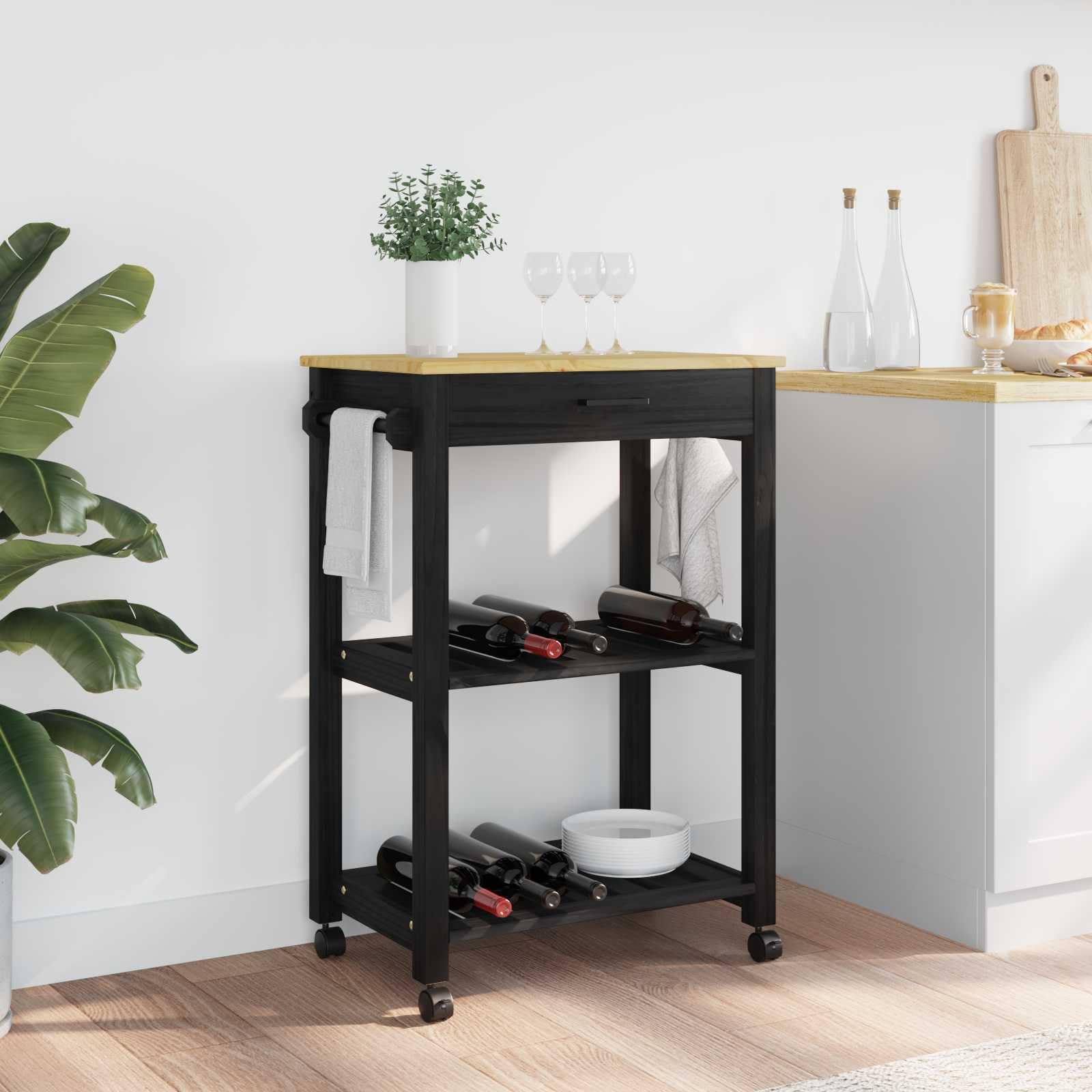 Küchentrolley Monza Schwarz Massivholz Kiefer 60 x 40 x 88,5 cm mit Regal Schublade Vier 360° Rollen für Küchenorganisation und Mobile Arbeitsfläche