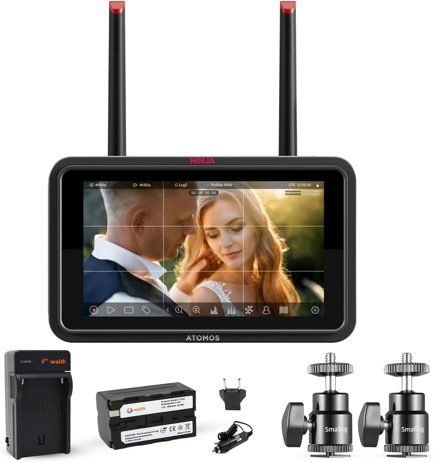 Atomos Ninja TX GO 5" Camera Monitor-recorder, HDMI CFexpress Wi-Fi - HDR Touchscreen Display with Atomos Universal Power Kit & Aluminum Alloy 1/4" Camera Hot Shoe Mount (2 Pack) - Advanced Bundle Kit
