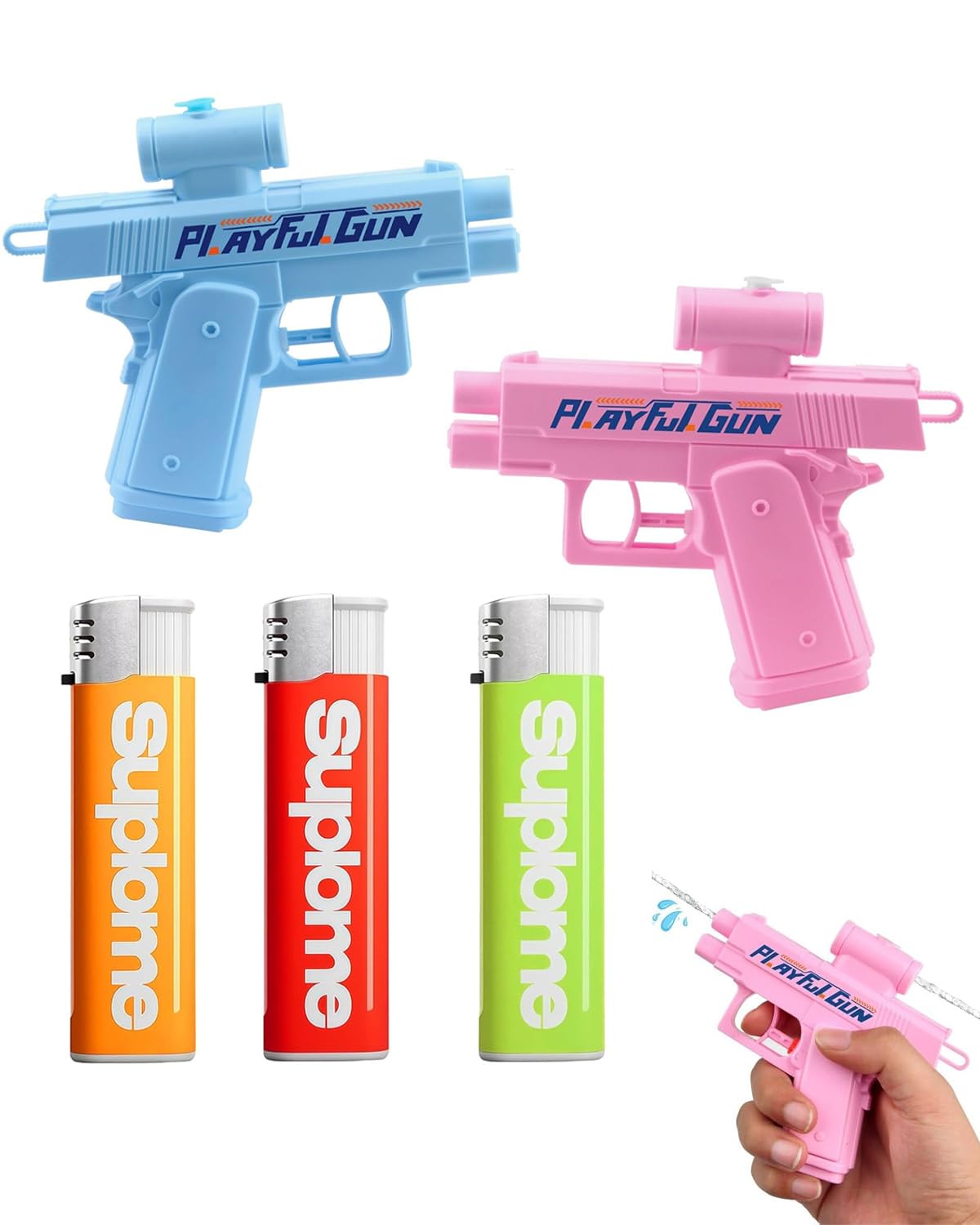 3 Pezzi Set di scherzi, Accendino a Pistola ad Acqua and Nuova pistola ad acqua per scherzi, Giocattolo di Scherzo, Pistola a Spruzzo ad Acqua, Scherzi Divertenti, Piccoli Giocattoli