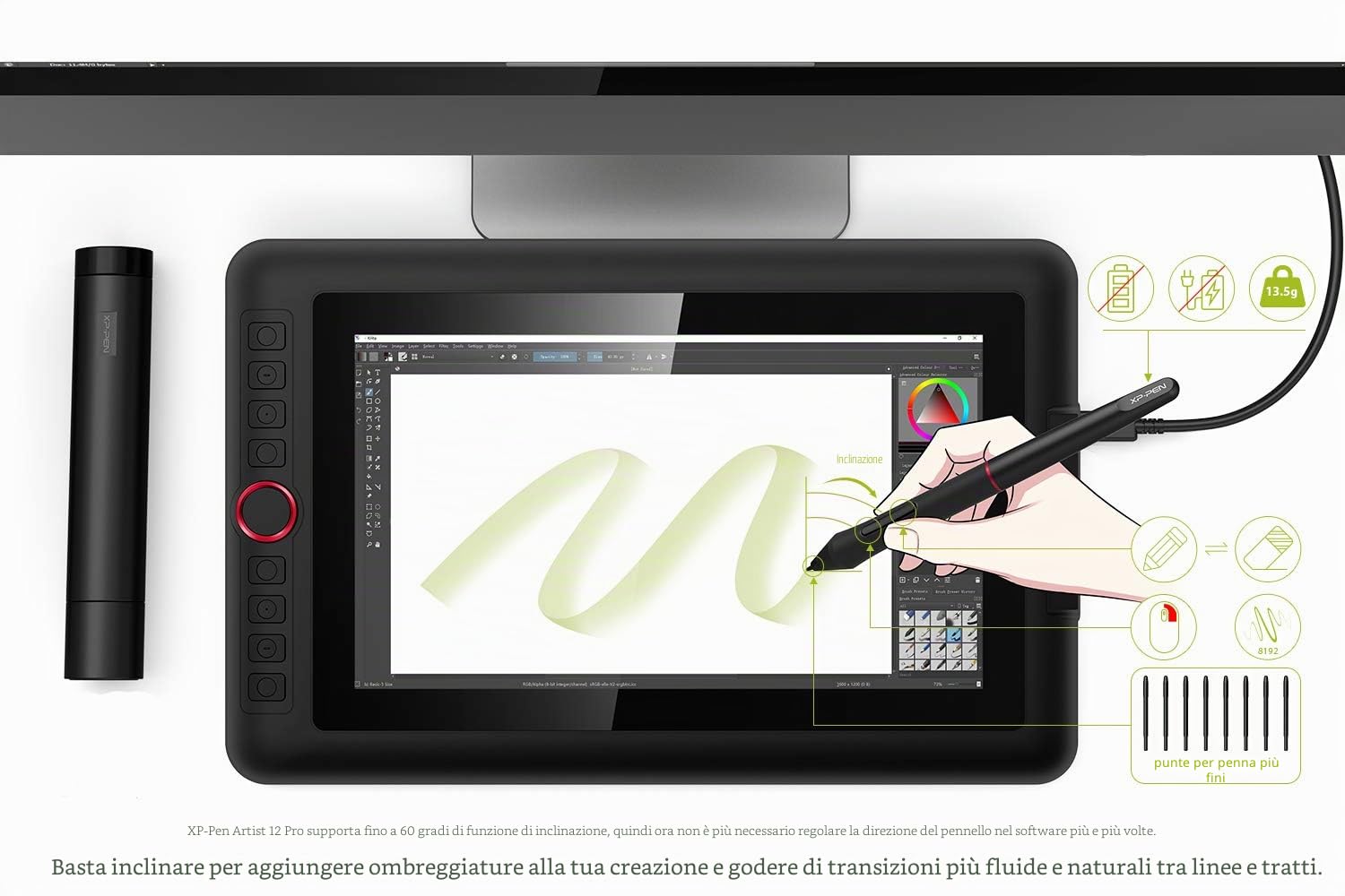 XP-PEN Artist 12 Pro - Tablet grafico con schermo HD IPS 11.6", pennino a 8192 livelli con inclinazione e 8 tasti di scelta rapida, compatibile con Mac, Windows