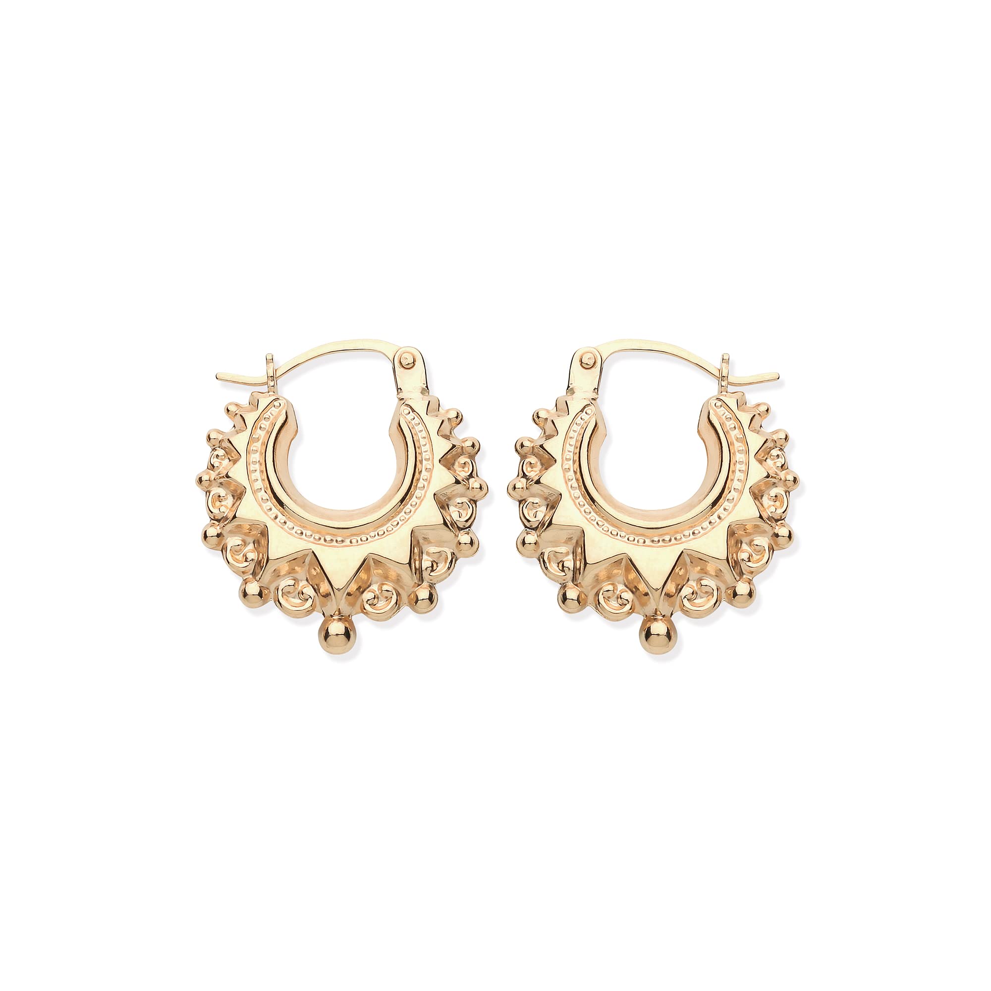 9ct Gold Spiked Victorian Style Creole Hoop Earrings For Women - Large Statement Hoops