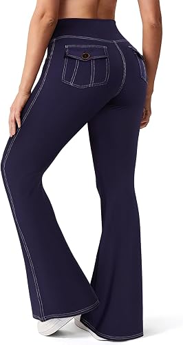 SEASUM Cargo Yoga Flare Leggings for Women Flap Pockets Butt Lifting Workout Gym