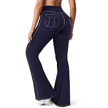 SEASUM Women High Waist Scrunch Butt Lift Cargo Flare Yoga Pants Tummy Control Faux Denim Contrast Stitch Pockets