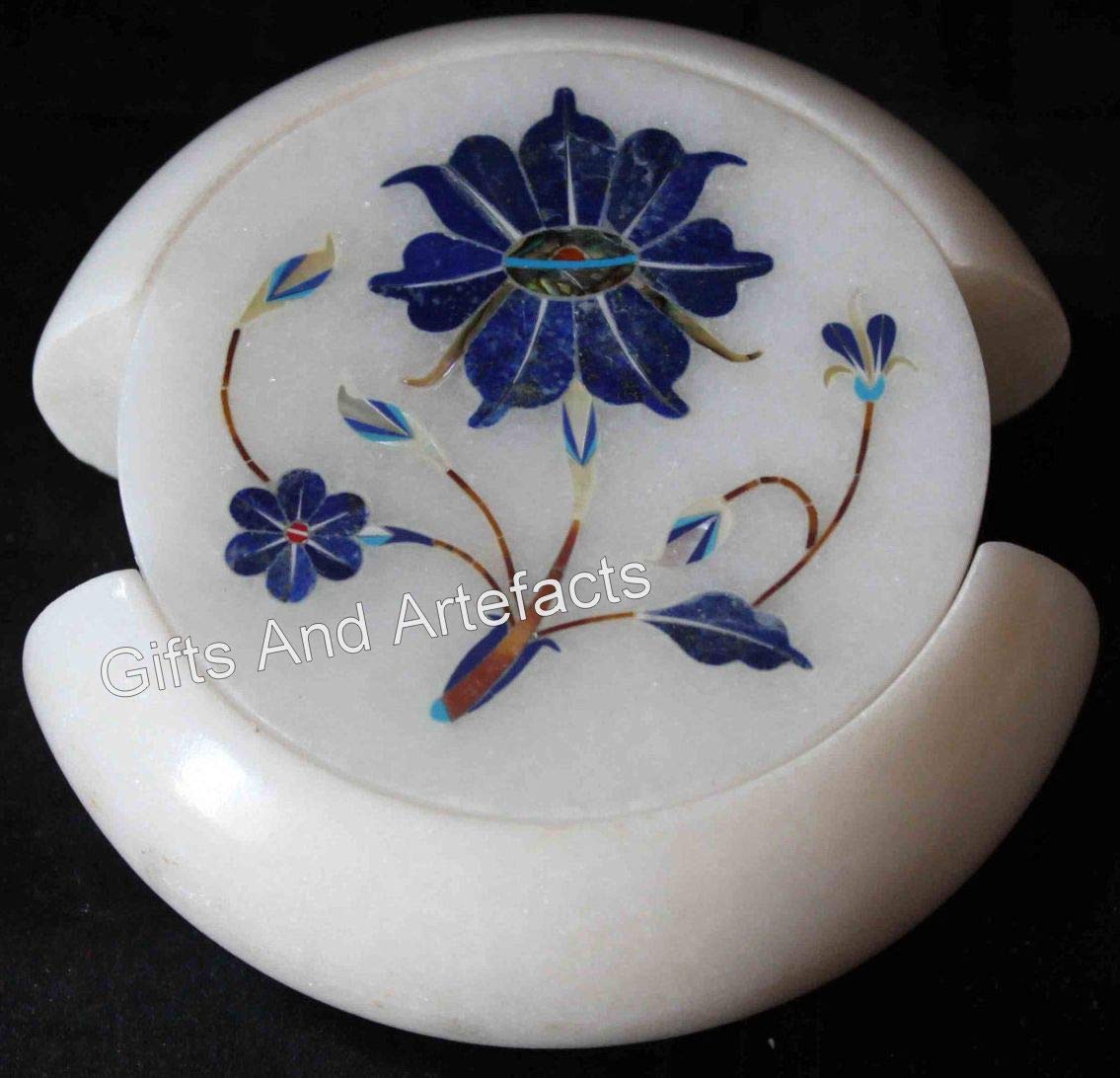 Dessous de verre en marbre avec incrustation bleue de 11,4 cm pour tasse de café et mug