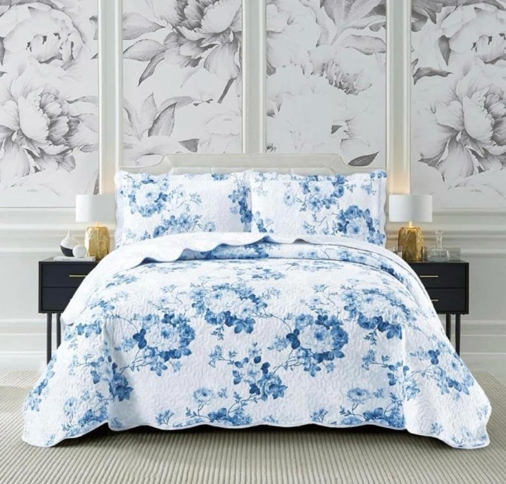 3 PCS Patchwork Bedspread Quilted Bed Throw Single Double King Size Bedding Set (Vintage Blue, Super King)