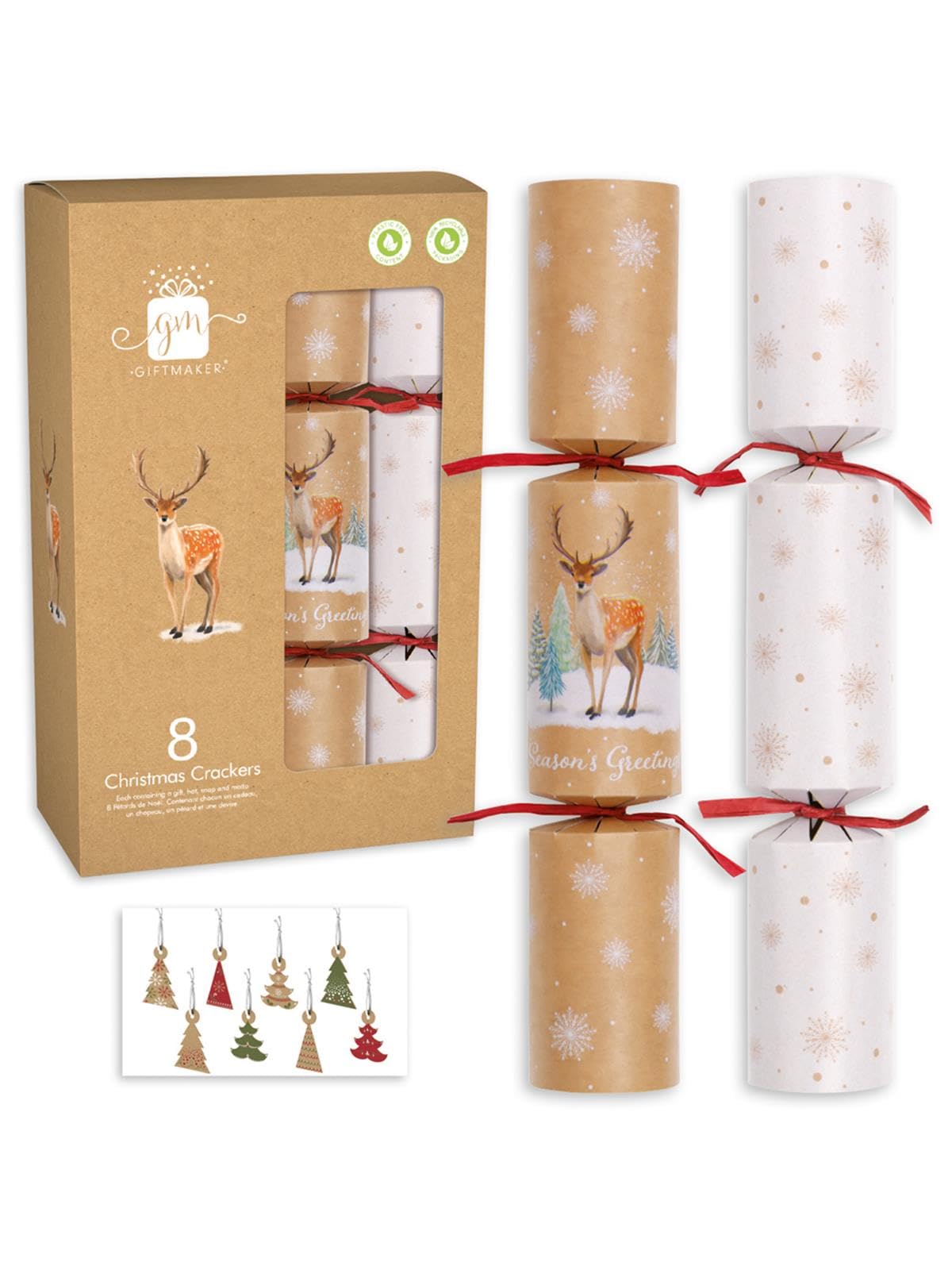 Giftmaker Pack 8 White & Kraft Brown Stag Design Traditional Family Eco Christmas Crackers
