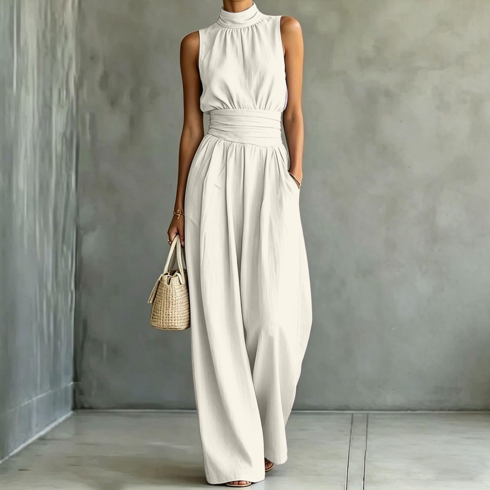 Mono para mujer, elegante, de verano, largo, con cuello en V | Mono Con Bolsillos De Cintura Alta Una Una Una Pieza De Pierna Ancha Playsuit, Ligero Transpirable Peleles Para Boda Festivo