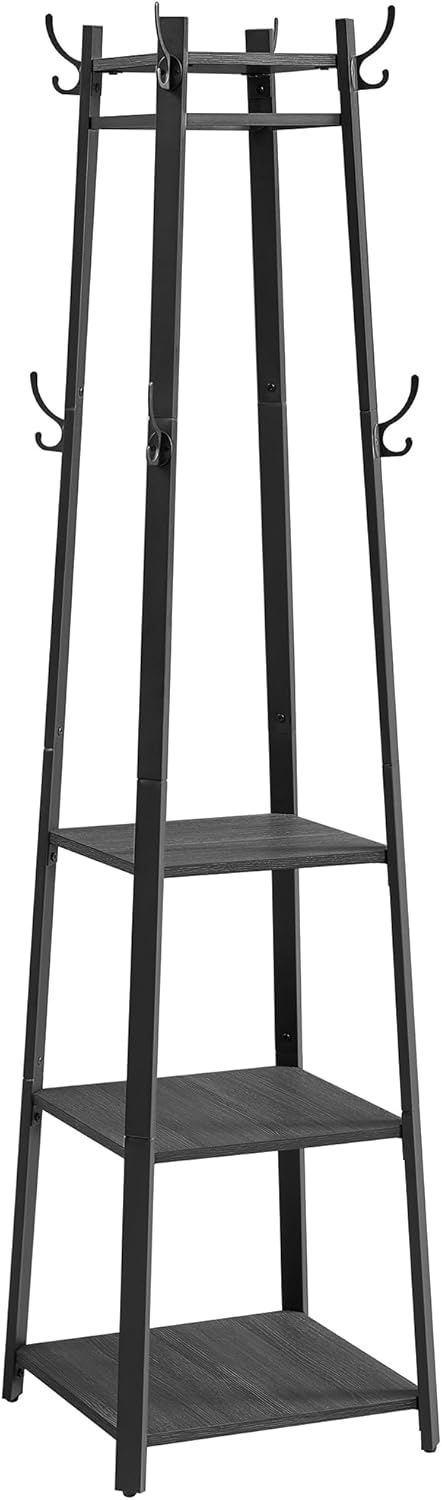VASAGLE Coat Rack, Coat Stand with 3 Shelves, Hall Tree Free Standing with Hooks for Scarves, Bags, Umbrellas, Steel Frame, Industrial Style, for Entryway, Living Room, Charcoal Gray ULCR080B03