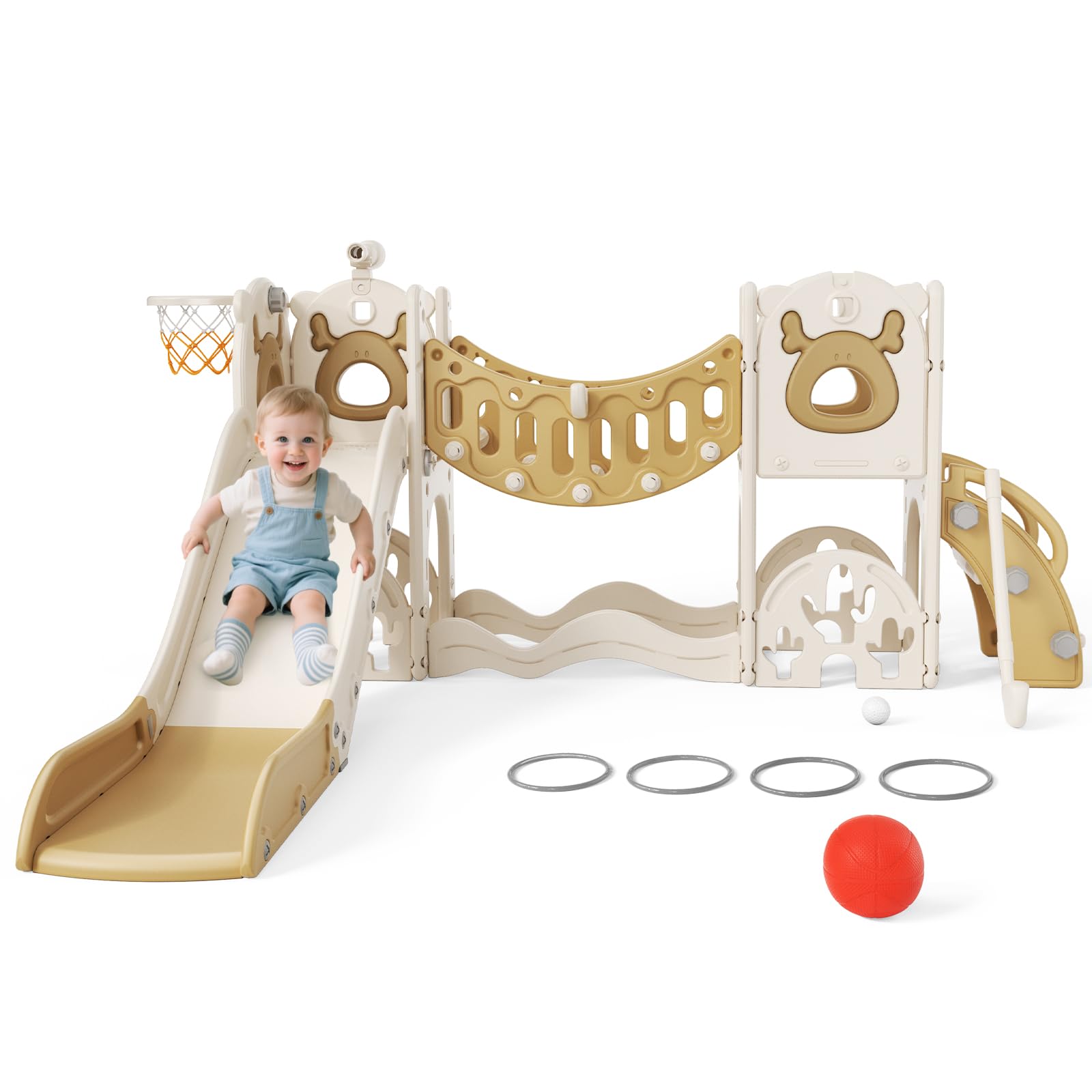 2025 New Upgraded Model Thickened & Widened Kids Slide,Toddler Slide Freestanding with Basketball Hoop, Baby Slide Playground Equipment,Kids Slides Outdoor for age 1-3 year (Elk(Khaki) -7IN1)