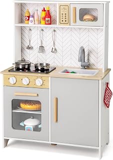 HONEY JOY Kids Kitchen Playset, Pretend Play Kitchen Set with Lights & Sounds, Stove, Oven, Sink, Faucet, Microwave, Cookware, Wooden Play Kitchen Toy for 3+ Boys & Girls, White