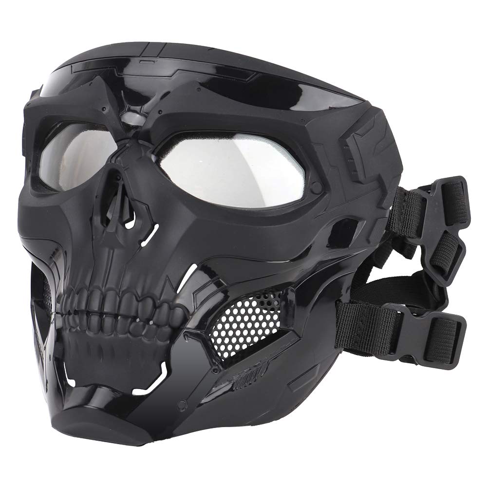 Outdoor Paintball Shooting Face Protection Gear Tactical Fast Helmet Wing Rail Side Rail Clip Buckle Mount Skull Mask with Head Band - Black