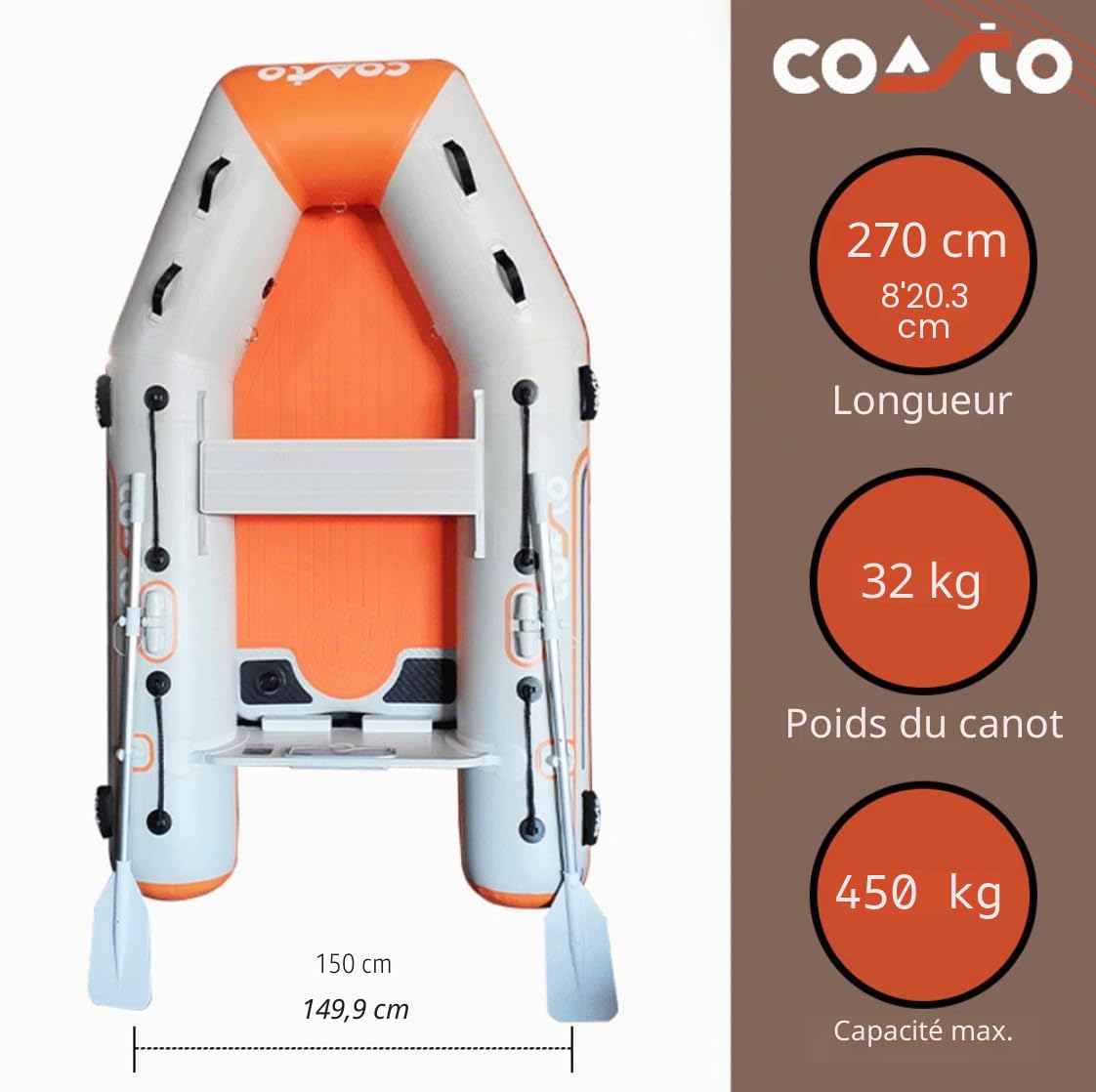 Coasto - Annexe Gonflable DS 270 - BT-CDS270S Bateau Pneumatique Plancher Dropstitch/Haute Pression - 4 Places, 270x140cm - Grande Stabilité - Pack 2 Pagaies, Pompe et Sac de Transport - Light Grey