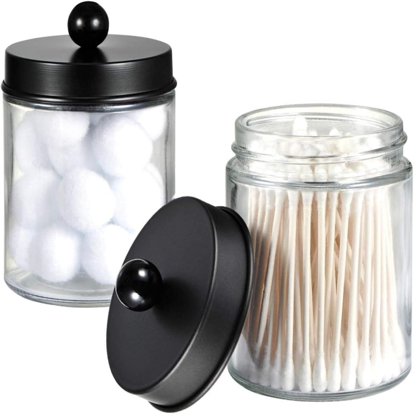 Amolliar Apothecary Jars Bathroom Storage Organizer - Cute Qtip Dispenser Holder Vanity Canister Jar Glass with Lid for Cotton Swabs,Rounds,Bath Salts,Makeup Sponges,Hair Accessories/Black(2 Pack)