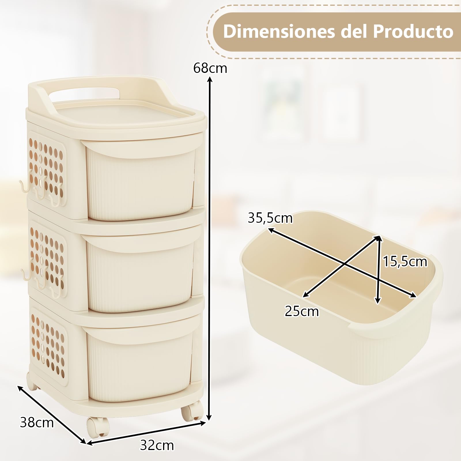 COSTWAY Carrito Auxiliar con Ruedas, 3 Cajones, Carro Almacenaje Estrecho con Ruedas y 6 Ganchos, Tablero Perforado y Asa, Carrito Organizador de Plástico para Cocina, Baño, 38x32x68 cm, Blanco Crema