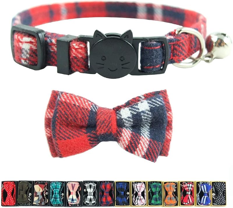 Coleira para Gatos com Fecho de Segurança, Sino e Gravata-Borboleta em Algodão Xadrez Pipidog (Vermelho, Pacote com 3)