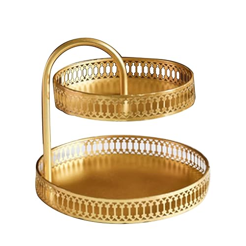 Etagere 2 Etagen Gold - Große Servierplatte, Obst-und Gebäckschale, Konfektschale, Dekoratives Rundes Serviertablett für Gemüse, Snacks, Süßigkeiten (Vertikale Körnung) - Vertikale Körnung