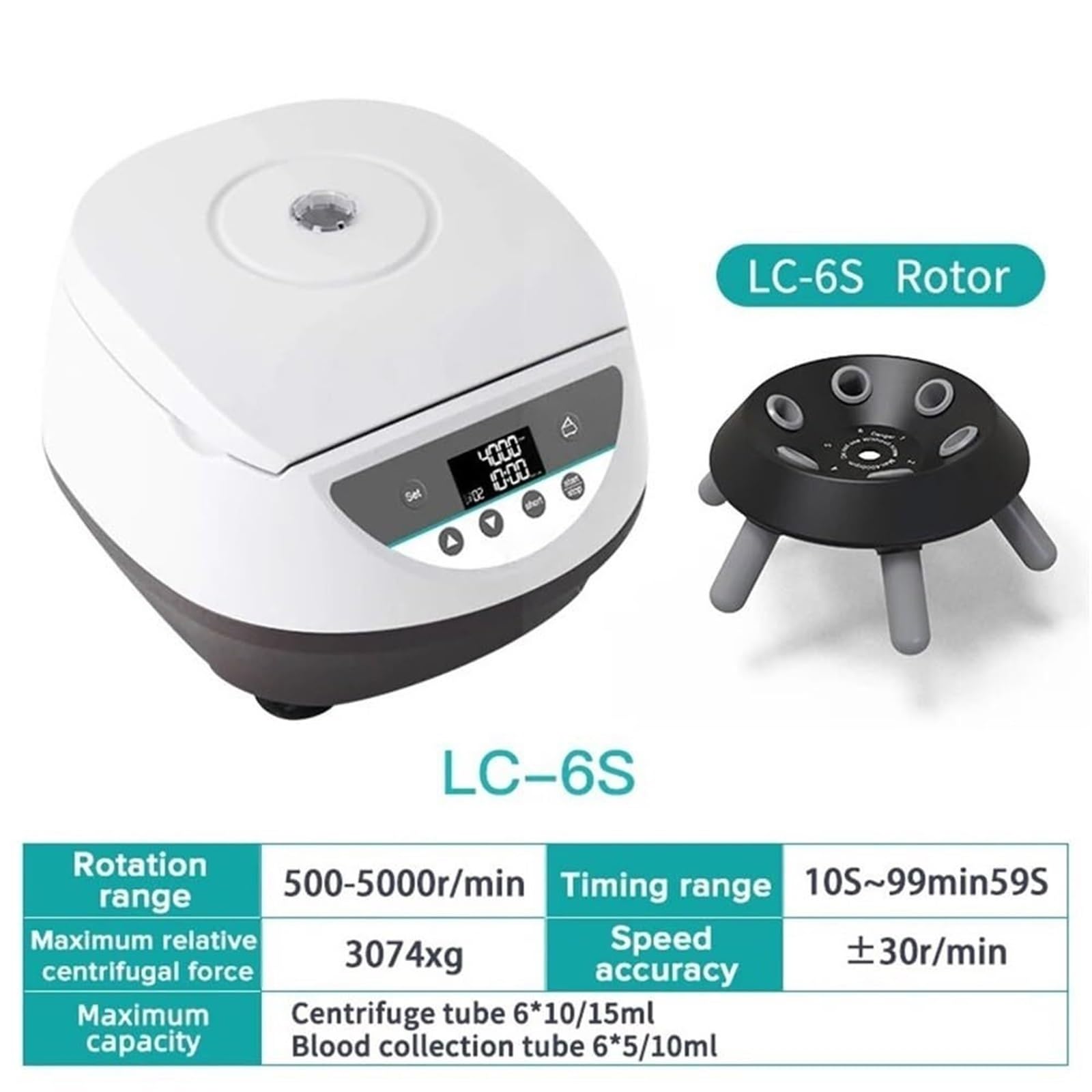 Centrífuga de laboratorio de baja velocidad 3074xg RCF, 500-5000 rpm, pantalla LCD con rotor de 6x15 ml, acepta tubos de 5/10 ml for sedimentación de líquidos y separación de