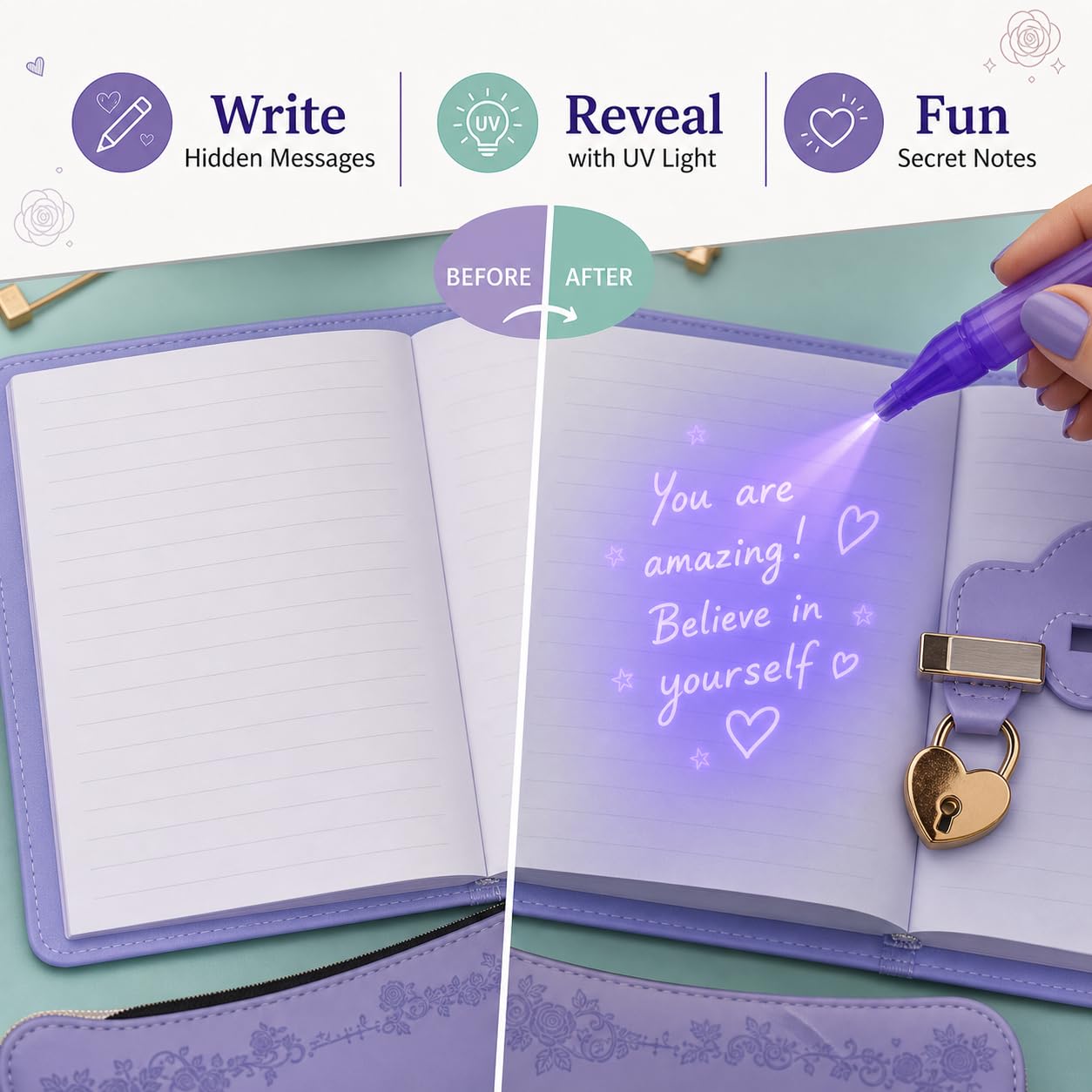 Diario con lucchetto e chiavi per ragazze, set di diario con lucchetto per bambini con penna invisibile e custodia per penna, diario lavanda con penna a sfera abbinata, blocco privacy per