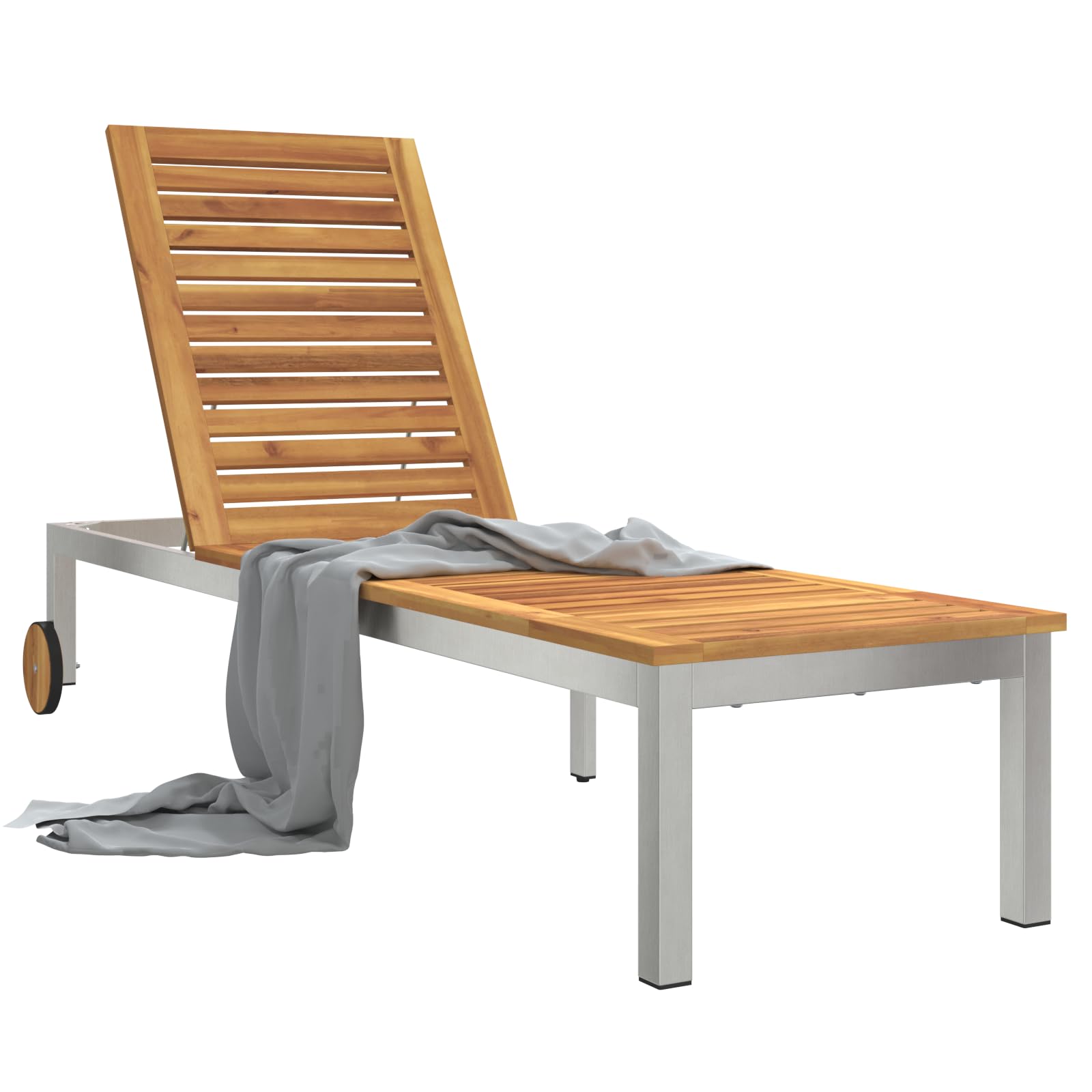 Lettino prendisole con ruote in legno massello di acacia e acciaio inox, schienale regolabile, resistente alle intemperie e facile da spostare per giardino o balcone, design moderno, spazioso