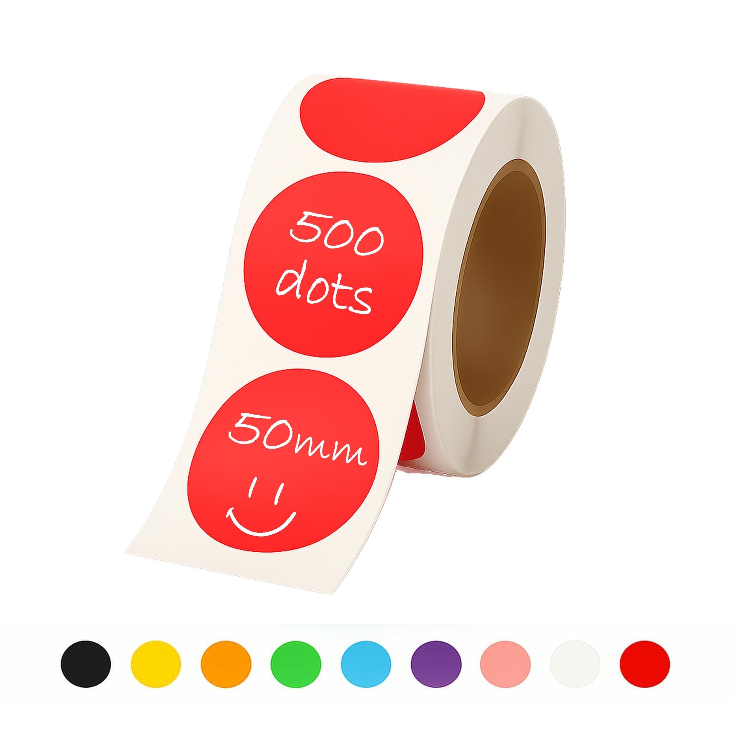 Rubigo 50mm Coloured Circle Stickers - 500 Round Stickers - 10 Colours, Writable, Durable Sticky Labels on a Roll for Moving House, Warehouse, Crafts. Semi Gloss (Bold Red)