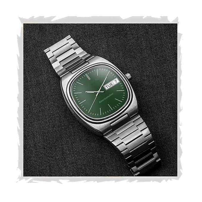 Image of AMERICANVIBER Men's Stainless Steel Classic Analog Watch, Casual & Business, with Cushion Case Dial and Day-Date Display