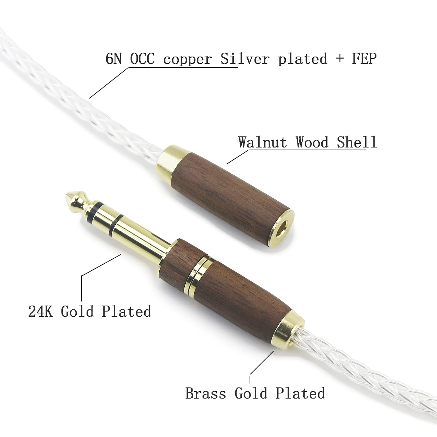 3.5mm 1/8" TRS Male and 6.3mm 1/4" Adapter to 4.4mm Balanced Female Headphone Audio Adapter Walnut Wood Shell Cable 8 Cores 6N OCC Copper Single Crystal Silver Plated Wire