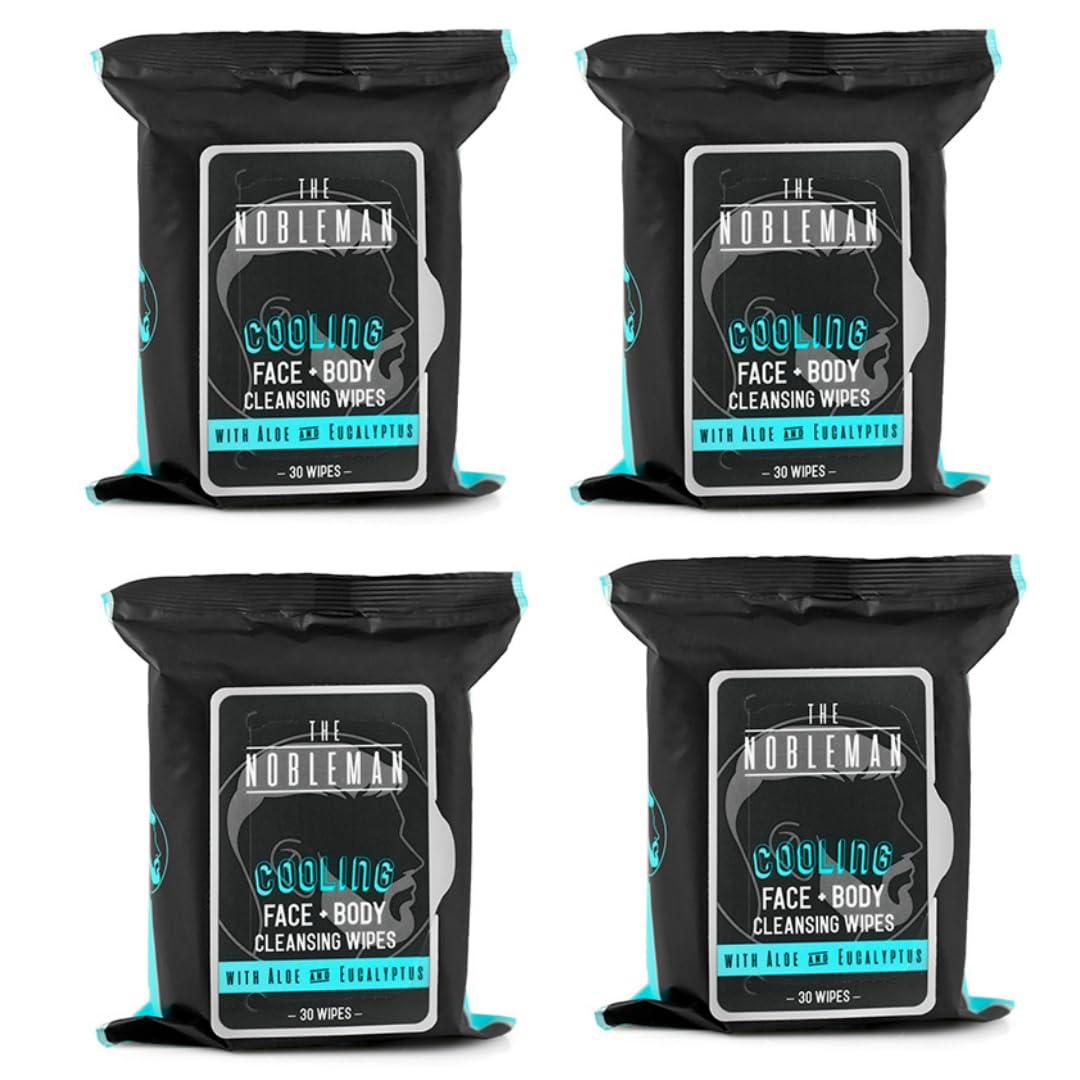 The Nobleman Men's Cooling Face + Body Cleansing Wipes - 4 Pack - 120 Count Post Workout Travel Towlettes