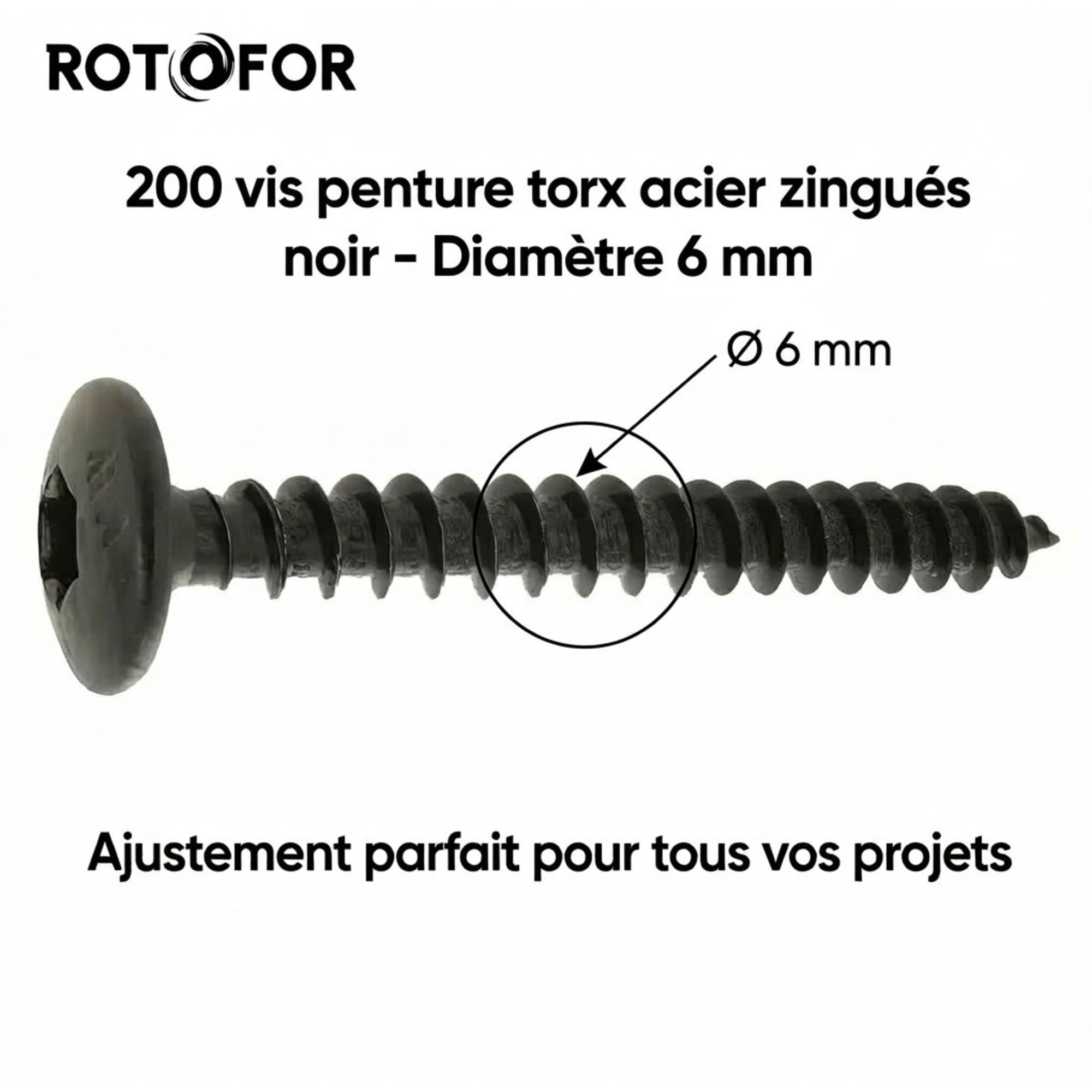 200 vis penture torx acier zingués noir - diamètre de 6 mm - Longueur 50 mm mm - Diamètre 6 mm