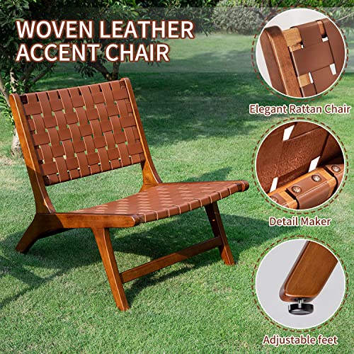 Heugah Accent Chair, Woven Leather Midcentury Modern Accent Chair With High Back,Patio Lounge Chair, Cognac Leather And Natural Wood Recliner Chair For Living Room, Bedroom, Patio(Brown) #TOP3