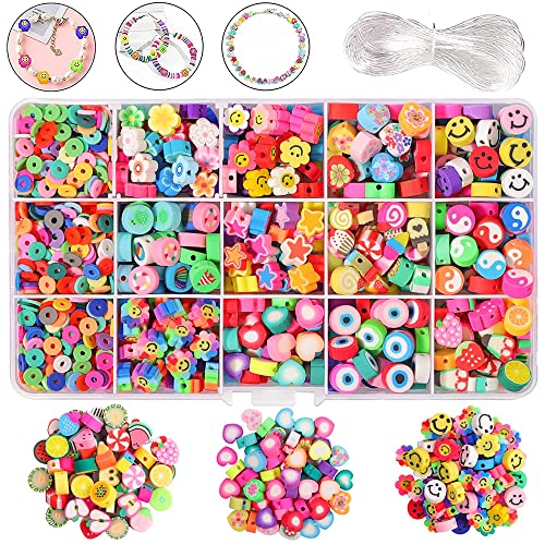 Belugsin 990 Pieza Cuentas Coloridas de Arcilla Polimérica, Abalorios de Cara Sonriente Flor para...