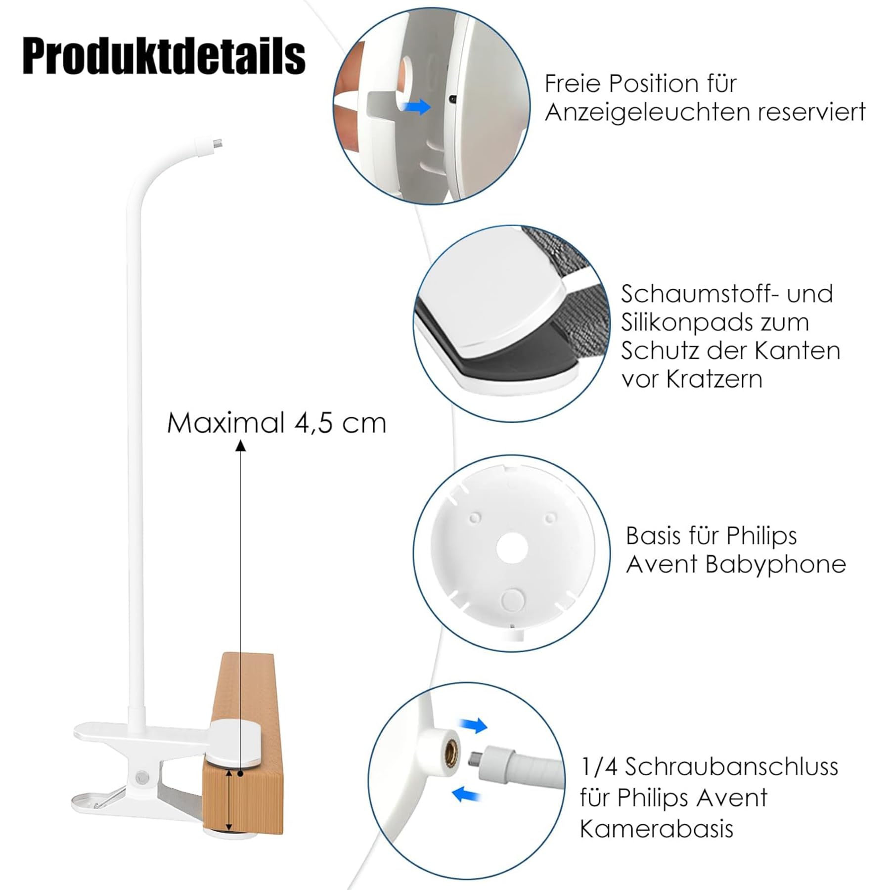 Supporto per baby monitor video per Philips Avent Babyphone SCD843/26, SCD833/26, SCD630/26, adatto per tavoli e culle con uno spessore inferiore a 4,5 cm (supporto a clip)