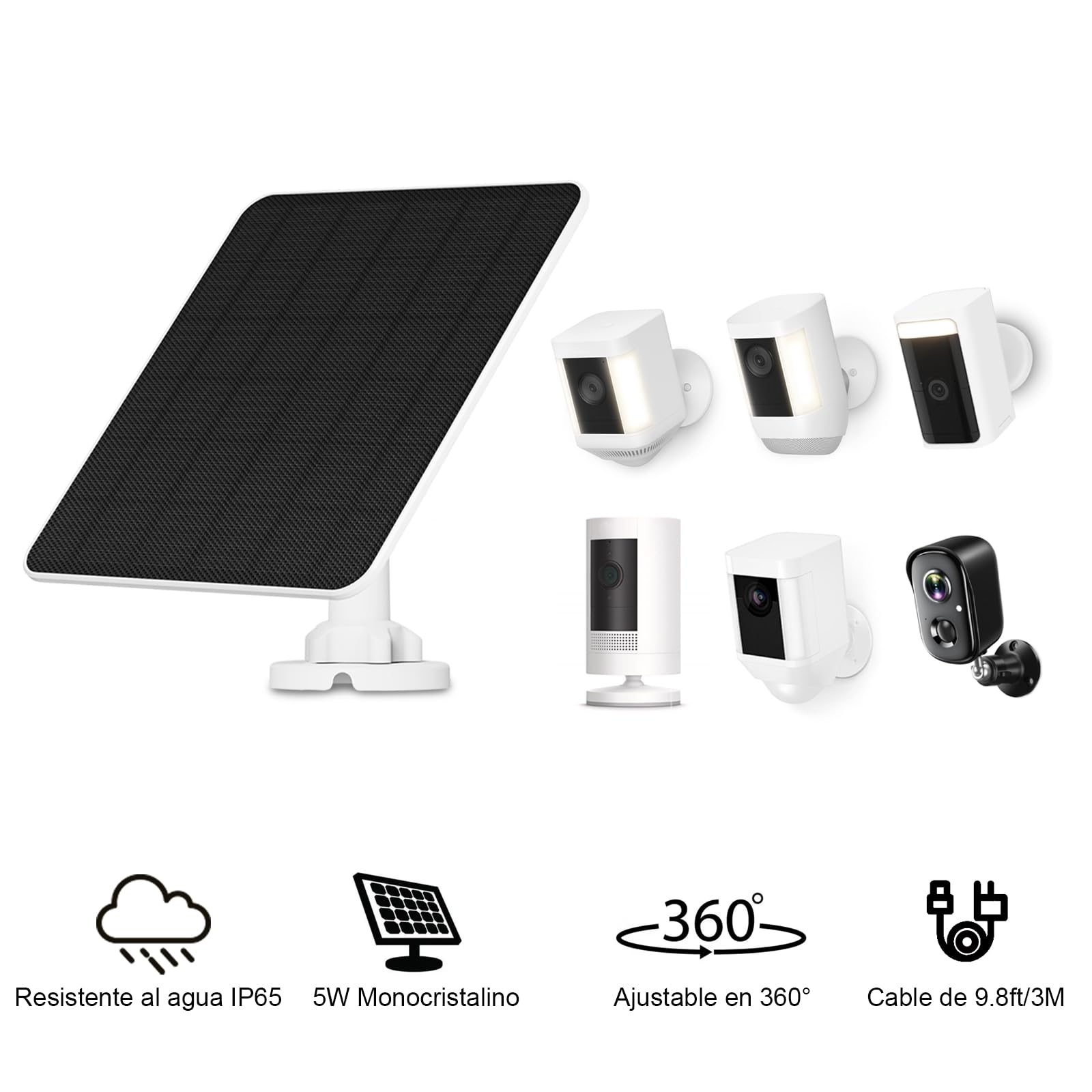 Panel Solar para Cámara Ring, 5W Panel Solar para Cámara para Ring Stick Up Cam/Pro Batería, Spotlight Cam/Plus/Pro, Wyze Batería Pro, Solar para Cámara Ring con Cable de 9,8 Pies, Pack de 2