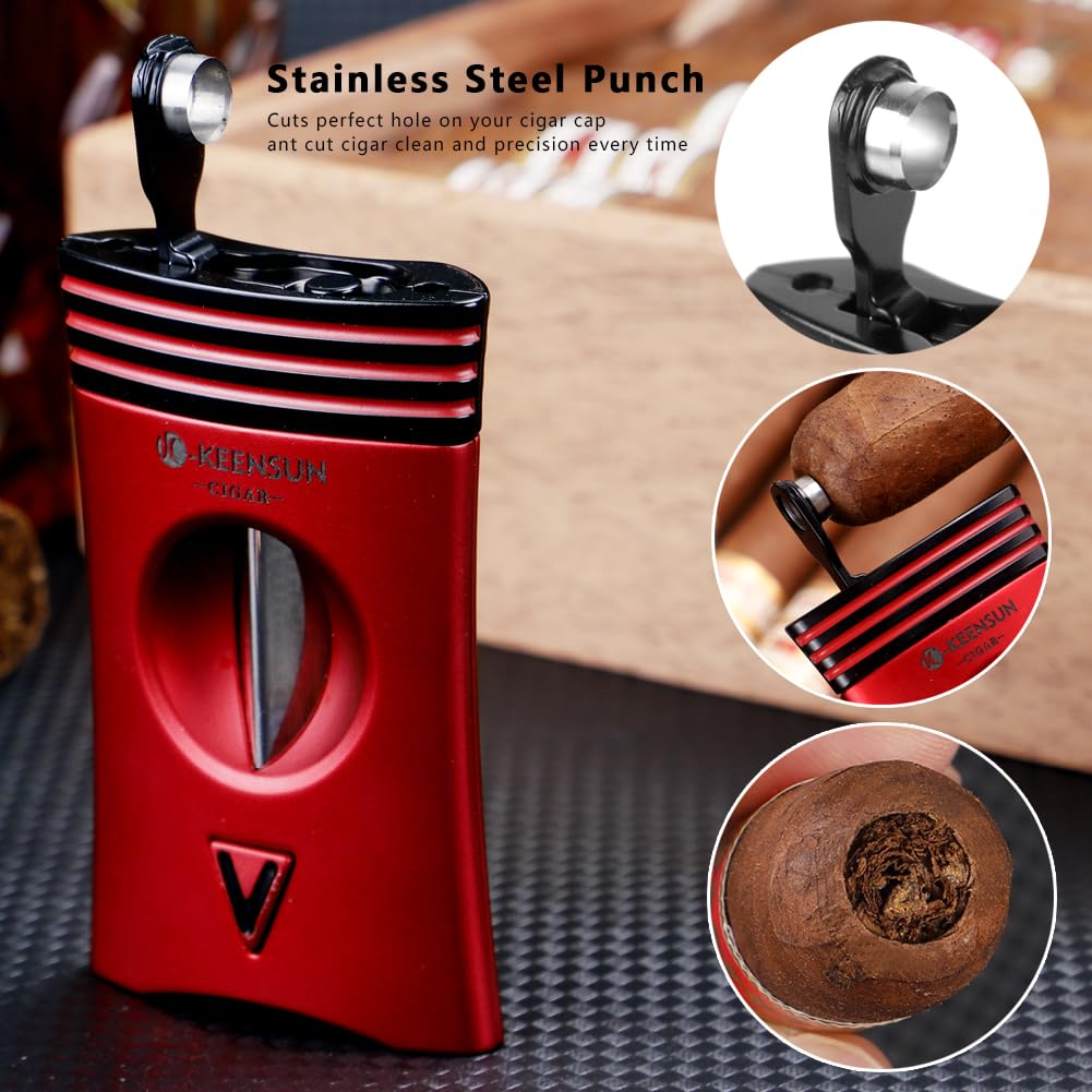KEENSUN 3-in-1 Zinc Alloy V-Cut Cigar Cutter (Red) with Cigar Holder on The Back and Cigar Punch at The Bottom, 60 Ring Gauge - Image 2