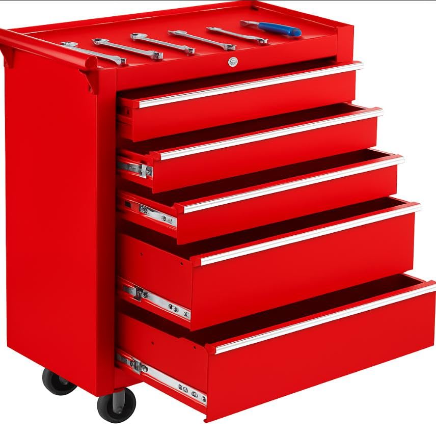 PrecisionAuto 5-Drawer Rolling Tool Chest, with Wheels and Lock, Portable Storage Organizer, Secure Toolbox with Key System, Mobile Cabinet for Workshop, Repair Shop, Warehouse, Black