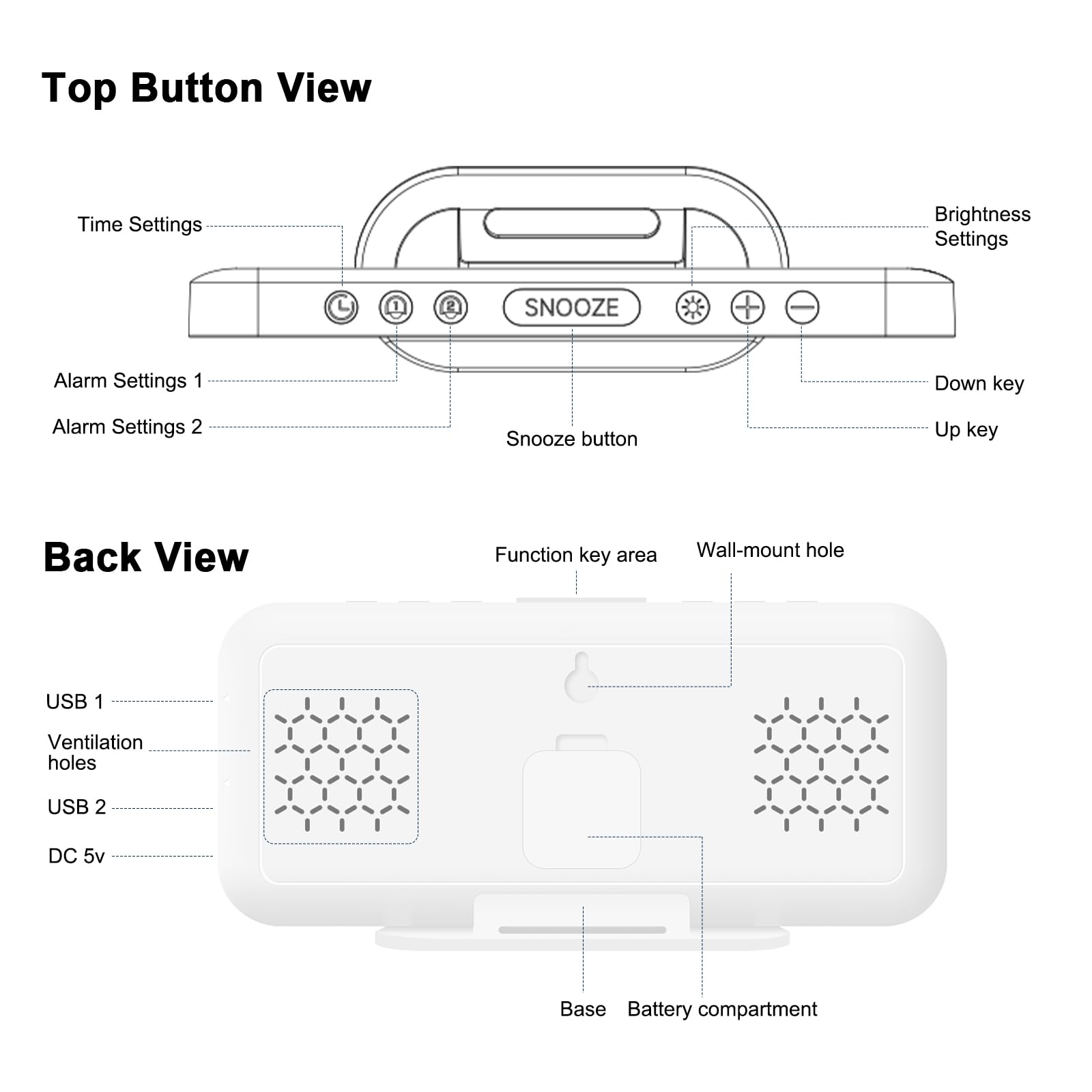 ALANAS Reloj despertador digital estético, pantalla de espejo grande con puertos de carga USB duales, alarmas duales, repetición, regulador ajustable de 4 niveles, para dormitorio, oficina, escritorio
