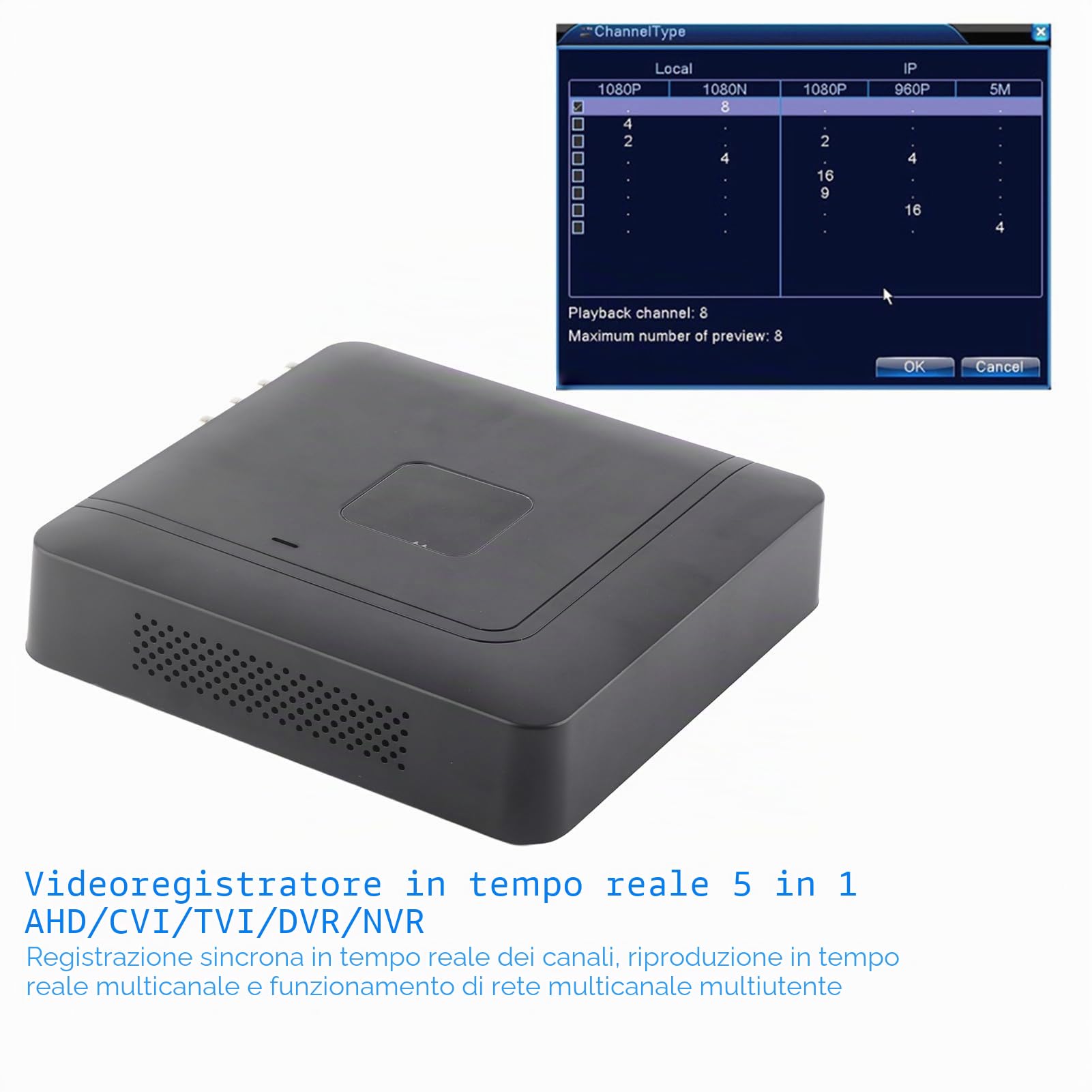 CCTV DVR 8 Canali per Videosorveglianza, AHD/CVI/TVI/DVR/NVR 5 in 1 Telecamera in Tempo Reale Videoregistratore, Home Surveillance Camera System Kit (EU)