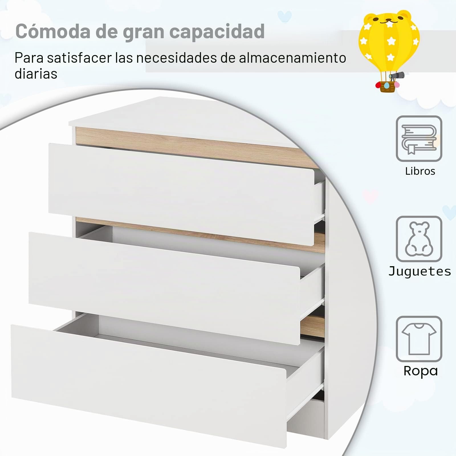 WOLTU Cómoda Blanca con 3 Cajones, Cajonera Moderna para Dormitorio, Armario de Almacenaje en Madera MDF, 80x48x78 cm