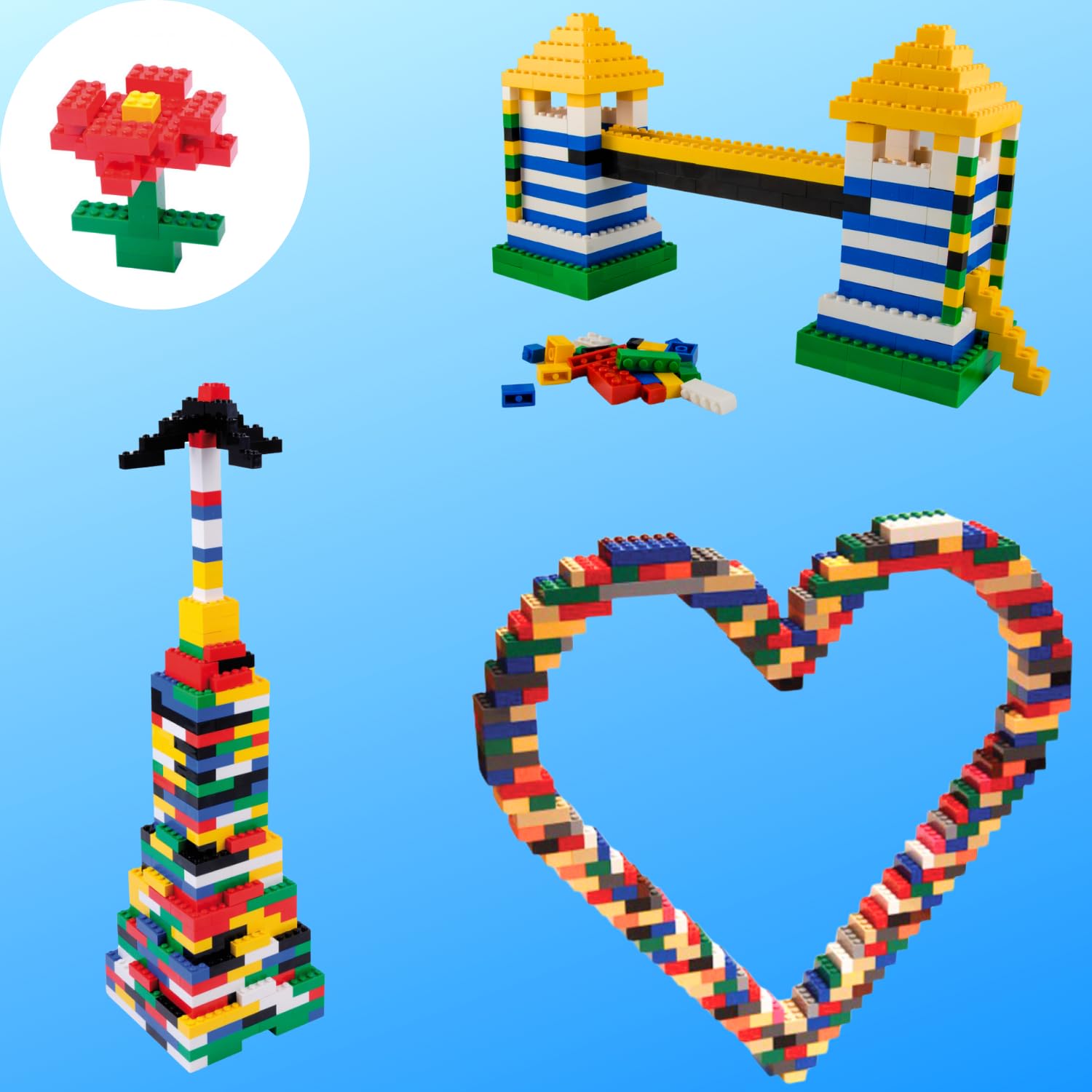 Set di Costruzioni Creative con Mattoncini Classici – 1000 Pezzi (2,2 kg) | 3 Formati: 1x4, 2x2, 2x4 | 6 Colori | Compatibile con le Principali Marche | Prodotto nell’UE (Colori Base)